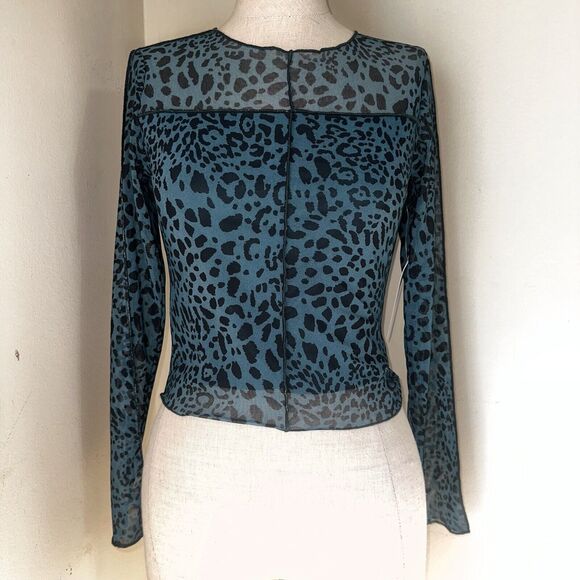 NWT Kirious Teal Black Cropped Lace Mesh Long Sleeves Large Lined Top Size XS - Picture 1 of 14